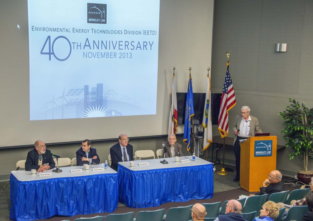 Left to right: Andy Sessler, Elton Cairns, Bob Budnitz, Art Rosenfeld, Don Grether at podium.